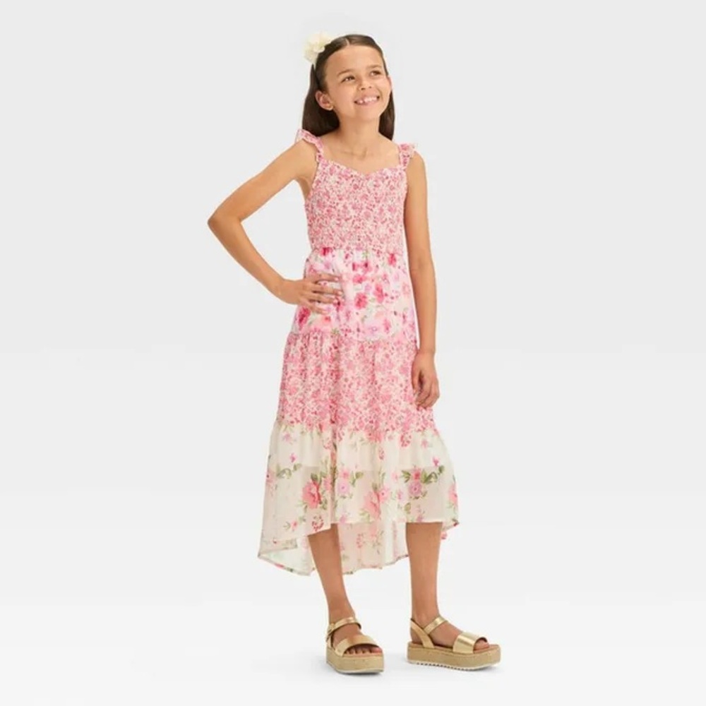 Pink Floral Tiered Sundress with Ruffle Straps